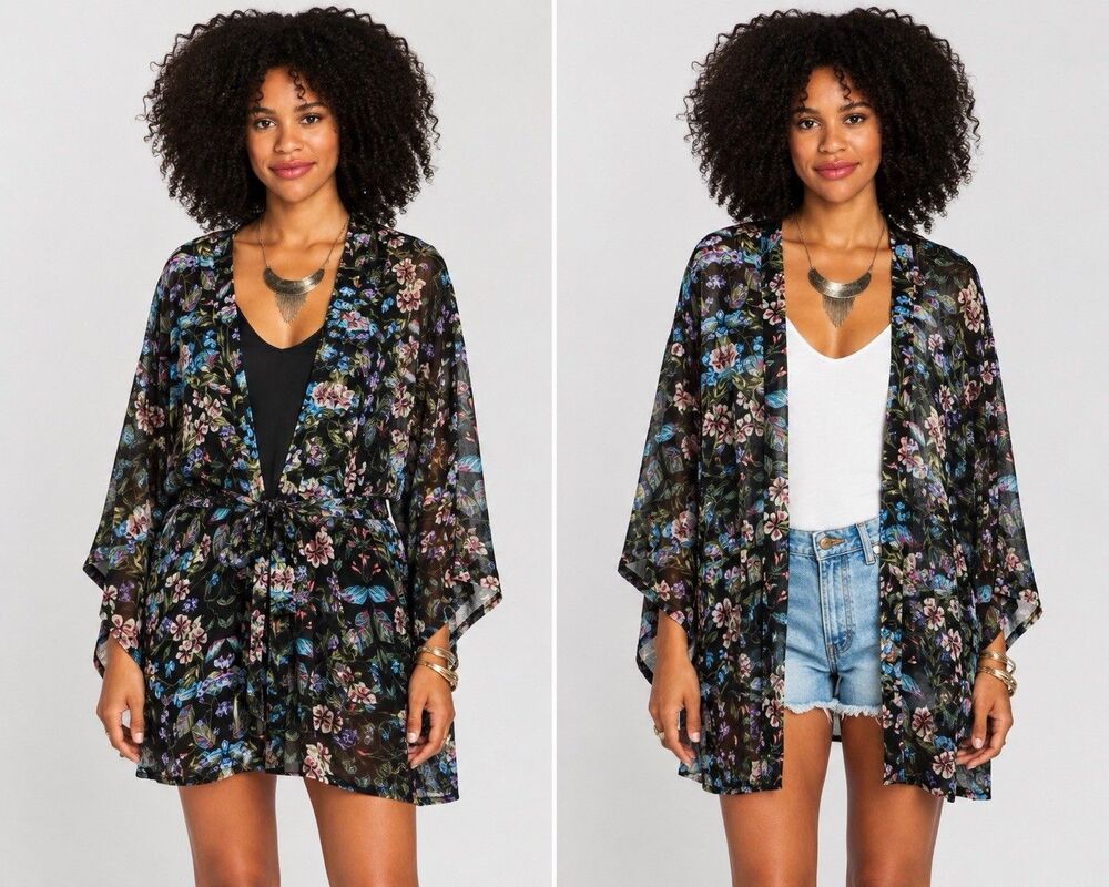 Show Me Your Mumu Texas Kimono Talking Tulips Black Floral Sheer Wrap M Sash